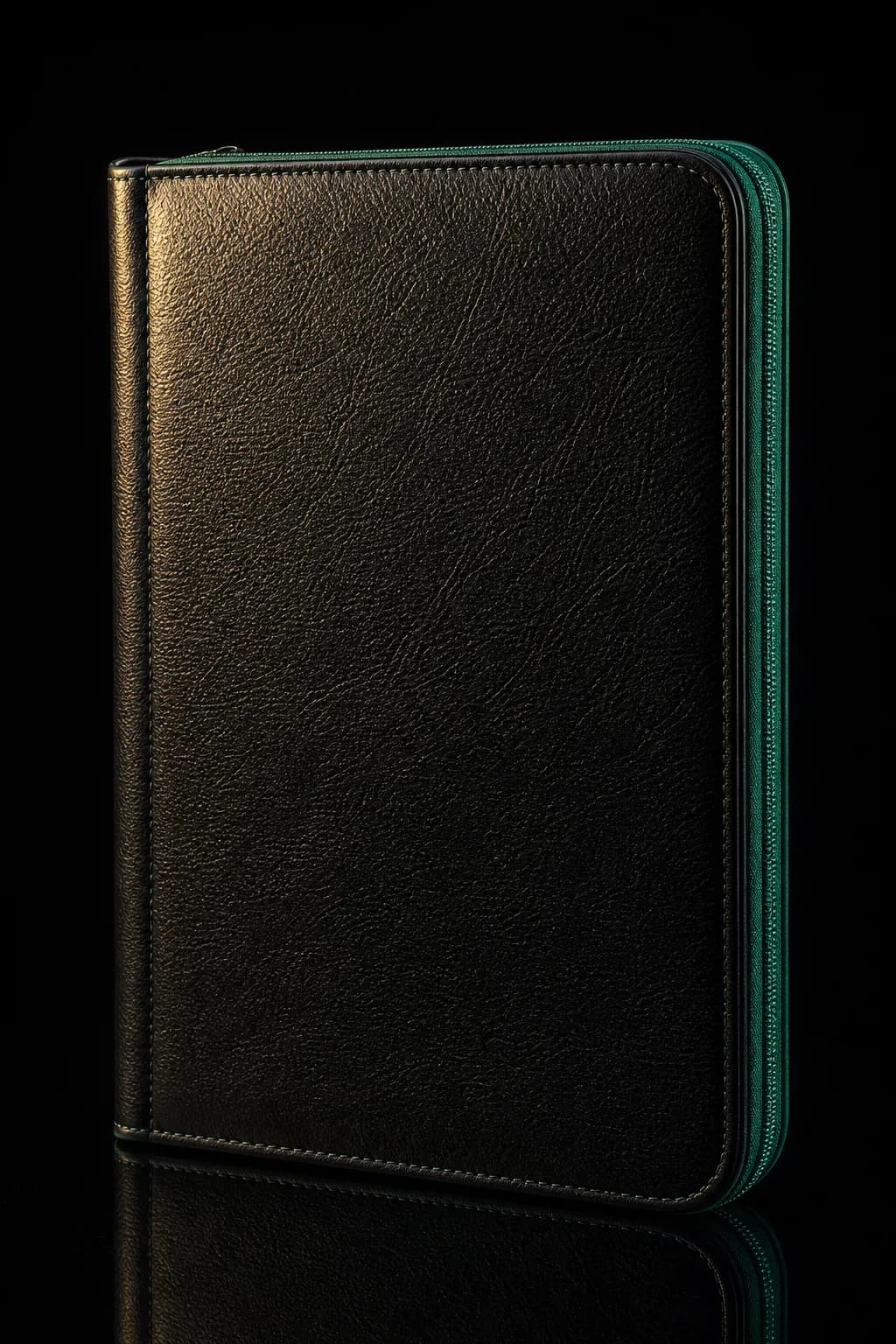 Black zip-up trading card binder with jade zip