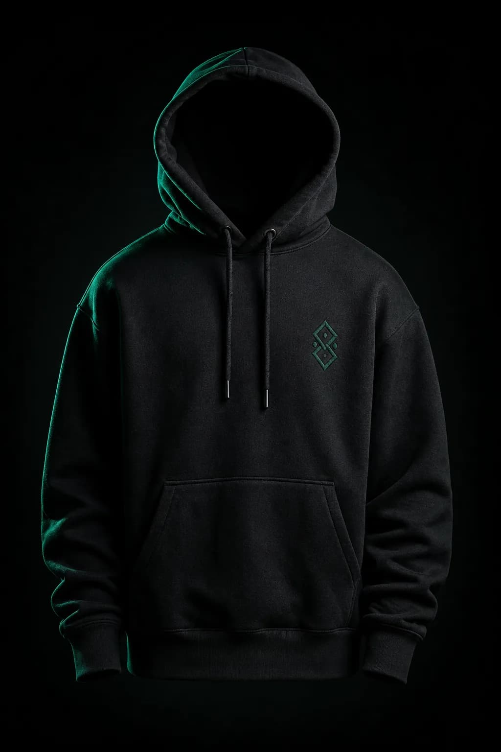 Heavyweight black hoodie with tonal jade embroidery