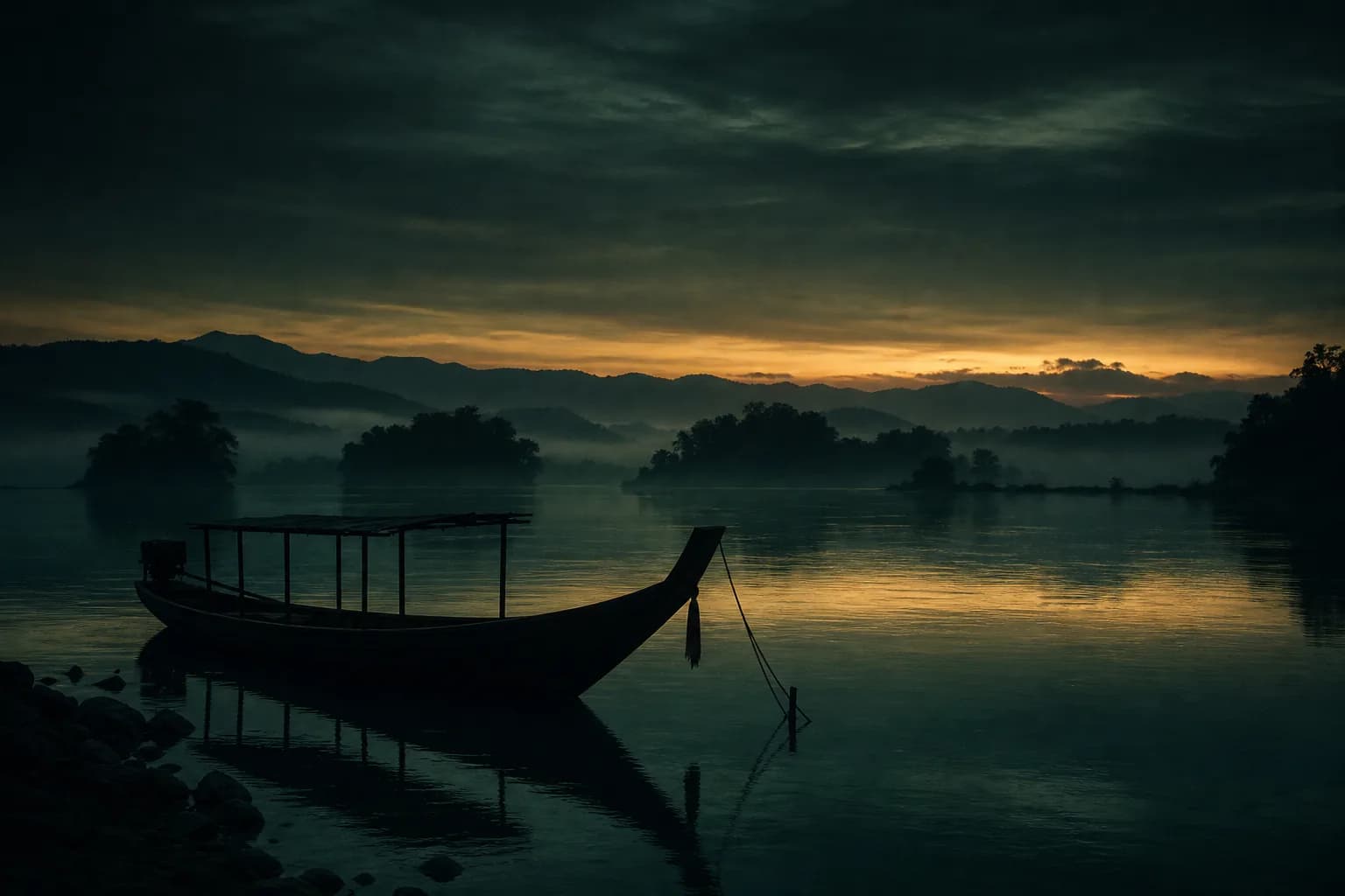 A wooden longtail boat moored among the forested islands of the Mekong at dawn